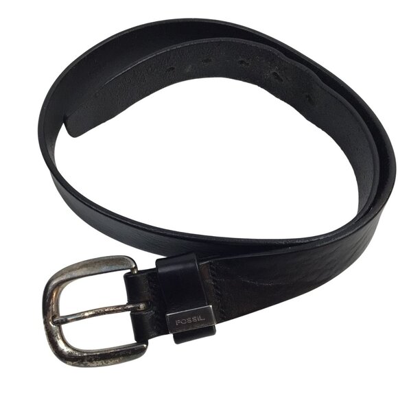 Fossil Black Soft Leather Belt With Distressed Silver Buckle Mens 32 - Picture 1 of 8